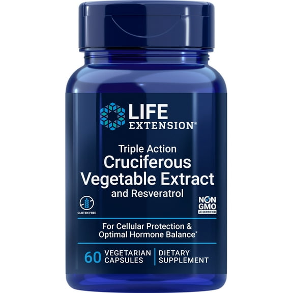 Life Extension Triple Action Cruciferous Vegetable Extract & Resveratrol – Veggie Food Based Formula Supplement for Cellular Protection Support & Hormone Balance – Gluten Free – 60 Capsules
