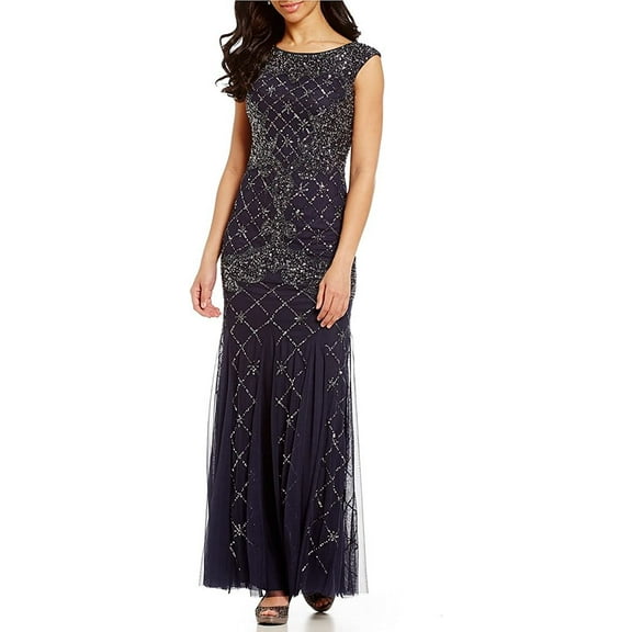 Adrianna Papell Navy Blue Beaded Godet Gown with Short Sleeves Gown Long Formal Dress, Navy - 6