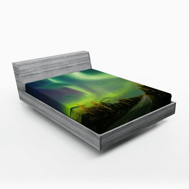 Aurora Borealis Fitted Sheet, Highway Road Nordic Rays of Sky Surreal Sun Atmosphere Image, Soft Decorative Fabric Bedding, Full Size, Blue Lime and Fern Green, by Ambesonne