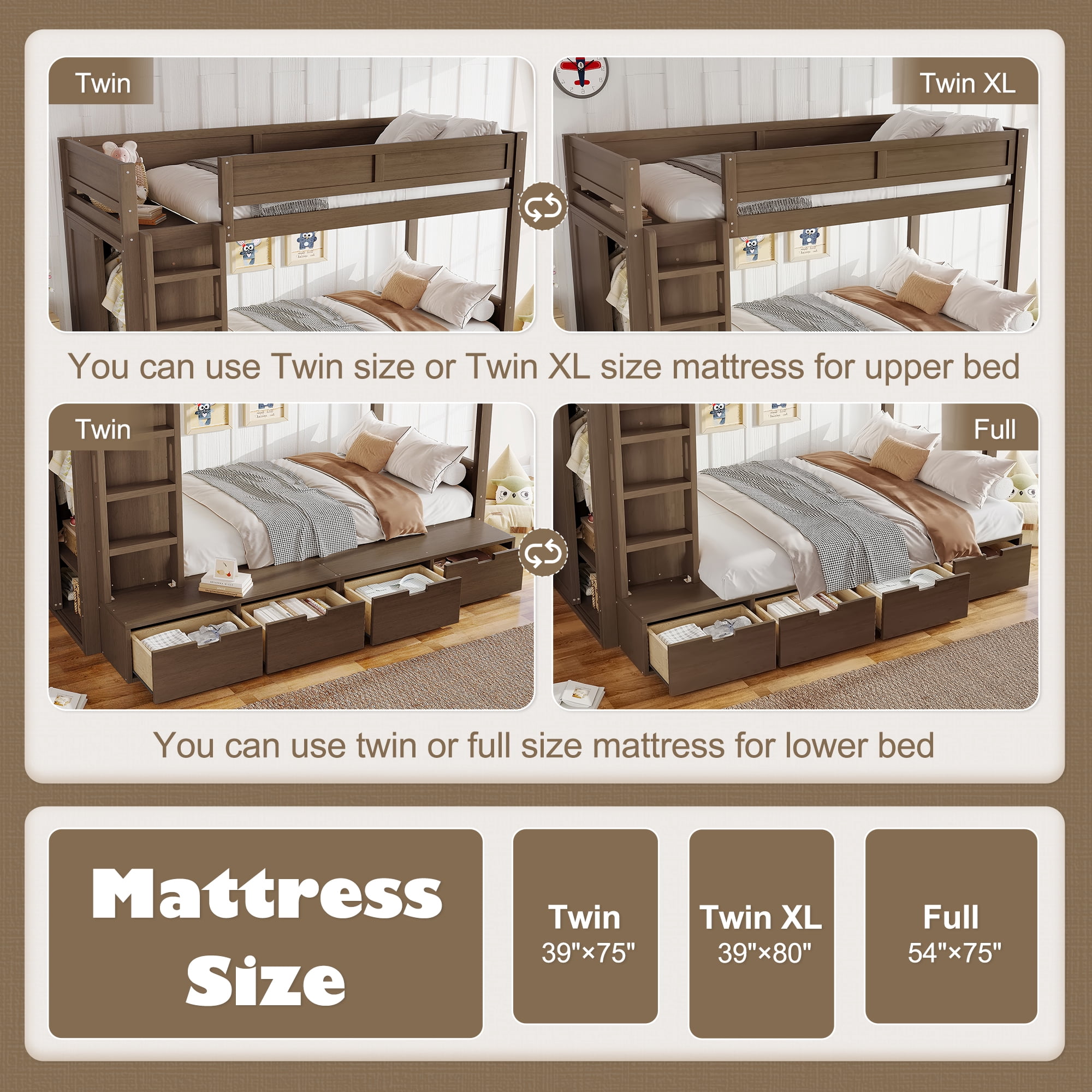 Mintazer Twin over Twin Bunk Bed with Wardrobe, Kids Bunk Bed with 4 Storage Drawers & Ladder for Bedroom, Brown