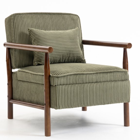 PAPROOS Accent Chair with Storage, Mid Century Corduroy Reading Chair with Pillow, Wood Frame Upholstered Armchair for Living Room Bedroom, Green