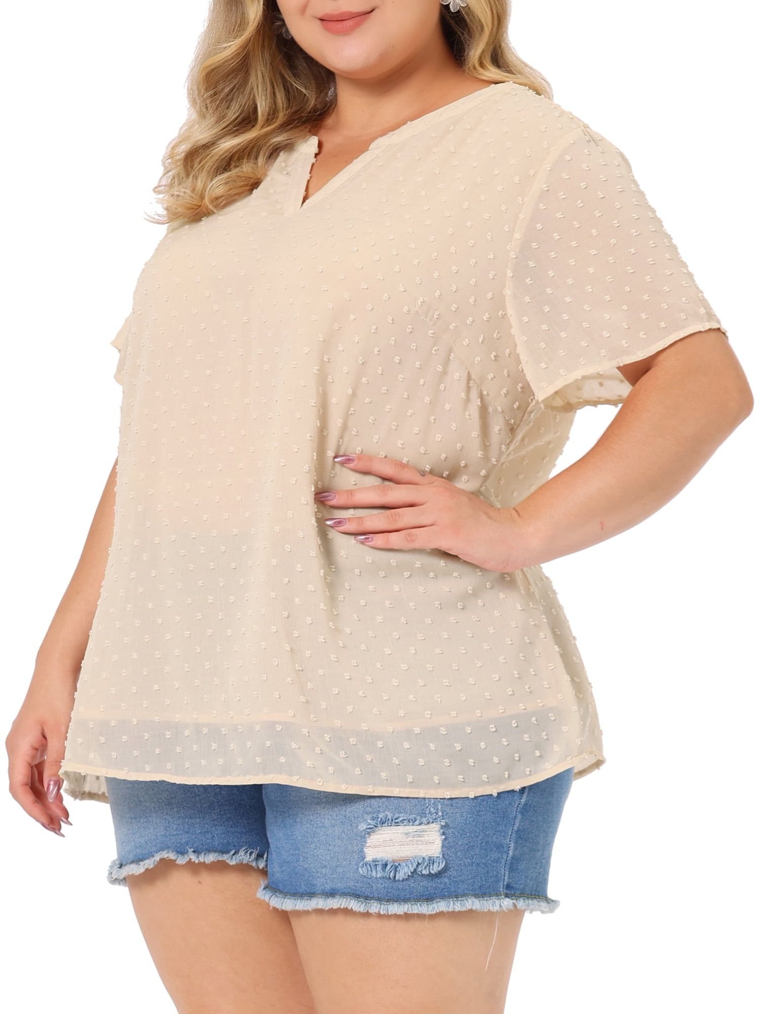 Unique Bargains Women's Plus Size Outfits Fashion Solid Pin Dots V Neck Top 2X Beige