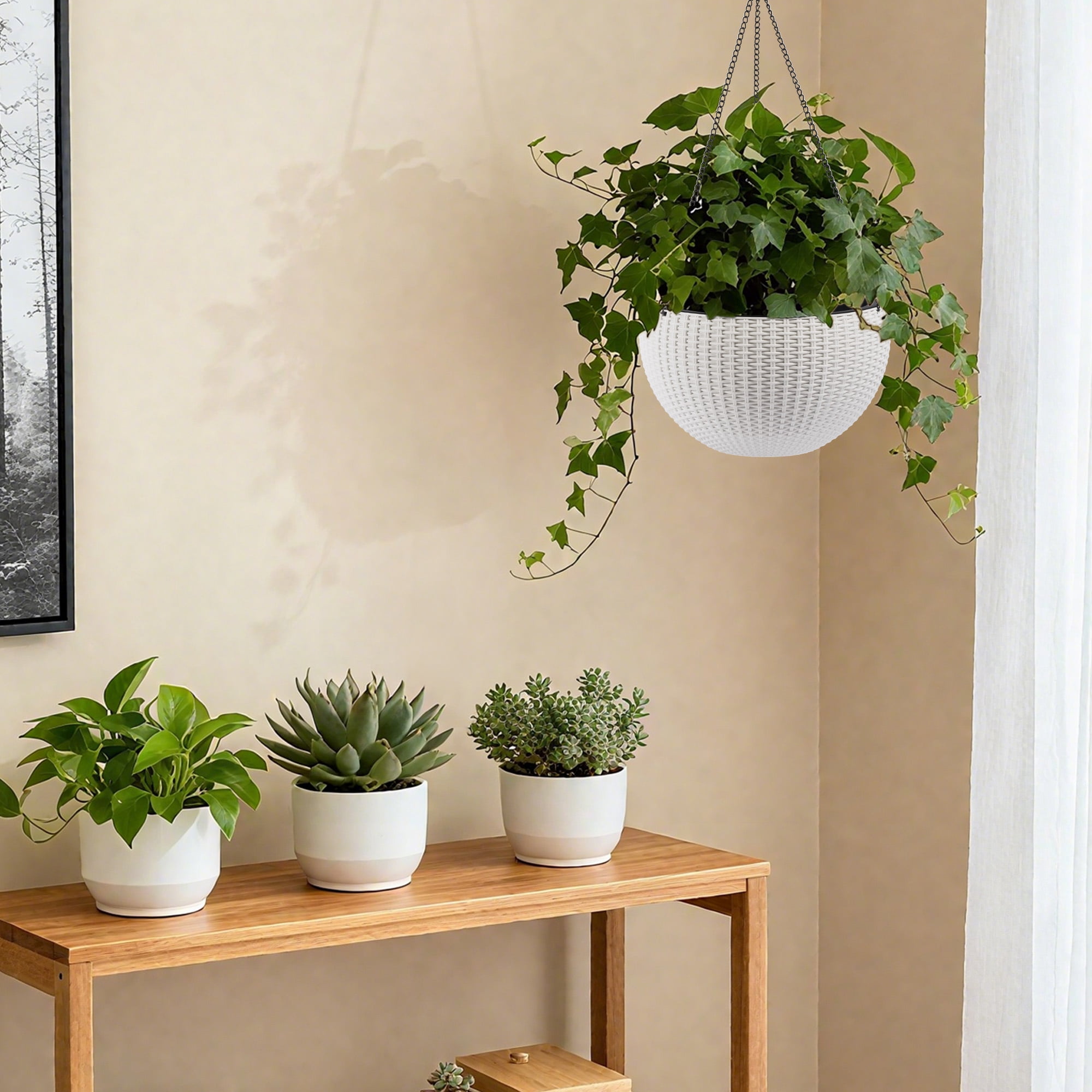 2 Pack Hanging Planters for Indoor Outdoor Plants,13.4 inch Self-Watering Hanging Rattan-Inspired Planter Large Capacity with Water Level Indicator for Home,Garden Decor