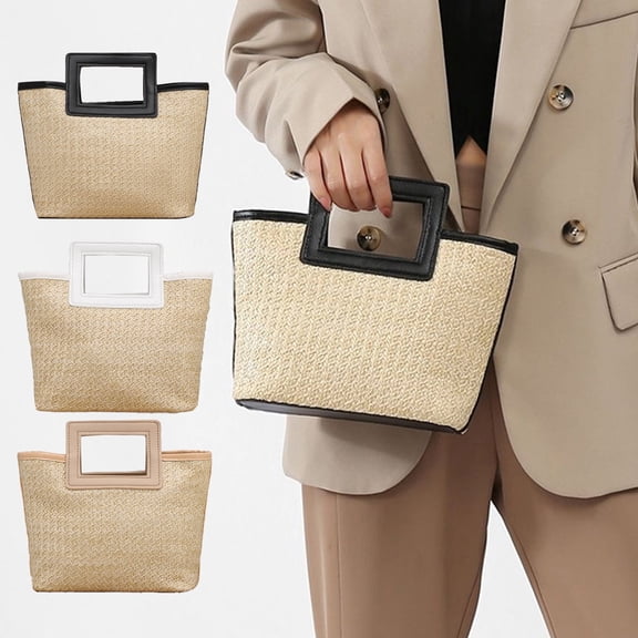 Straw Woven Tote Bag Large Capacity Handbag - Square Handle, Faux Leather Detail, Khaki White Black, 22x18x11cm, Lightweight Beach Travel Purse
