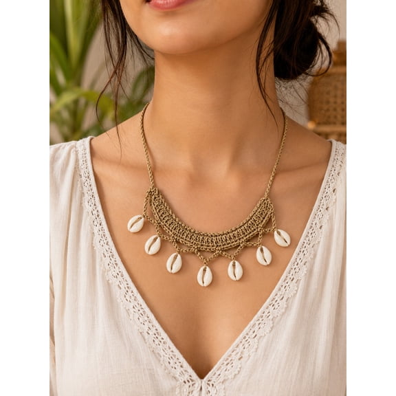 Crochella Handmade Crochet Shell Necklace, Boho Macrame Cord Necklace with Natural Cowrie Shell Charms, Adjustable Statement Beach Jewelry for Casual, Festival and Vacation Wear