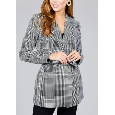 Womens Juniors Fashion Stylish Casual Office Wear Careerewear Work Tie Belt Gray and White Houndstooth Print Blazer (Best Blazers To Wear With Jeans)