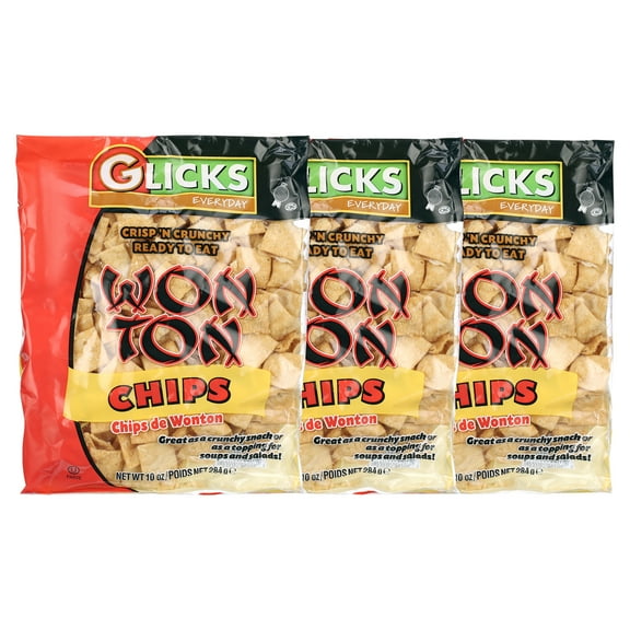 Glicks Wonton Chips 10oz 3 Pack Crisp & Delicious! Great for Stews, Soups, Salad Toppers & Snacking