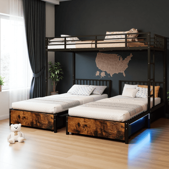Triple Bunk Bed for 3 Sleepers, Metal 3-Bed Bunk Beds Separates into 3 Twin Beds, Noise-Reduced Structure, No Box Spring Needed, Black