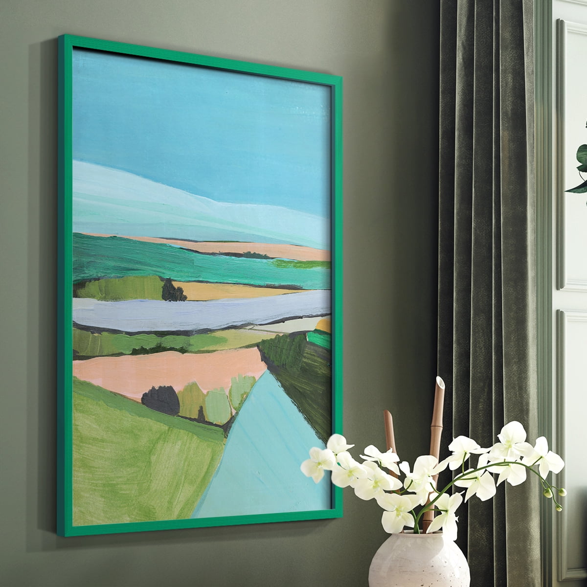 Bright Colored Countryside I Framed Print in Green Solid Wood Framed Print No Nail Hanging