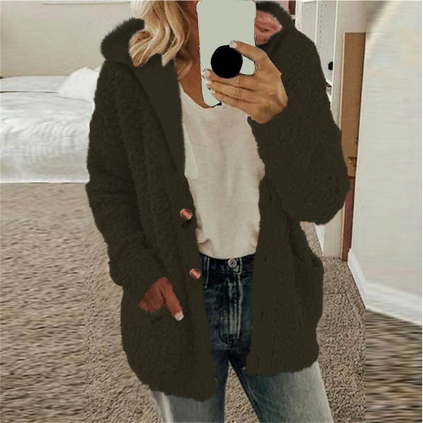 Abrigo informal con capucha y manga larga para mujer, chaqueta con capucha, suéter de invierno, abrigo cálido de lana con cremallera, abrigo de manga larga para mujer
