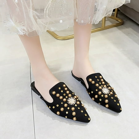 

Fashion Summer And Autumn Women Pumps Low Heel Flat Pointed Toe Pearl Rhinestone Solid Color Half Slippers Mules