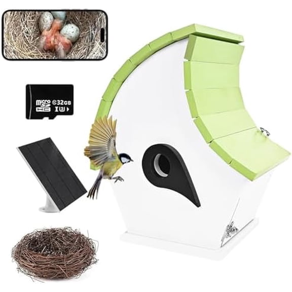 Solar Powered Bird House with Camera, 1080P HD Outdoor Birdhouse with Auto-Capture of Nest Photos & Videos, Smart Bird House with 2.4G WiFi, Wooden Bird Houses$$