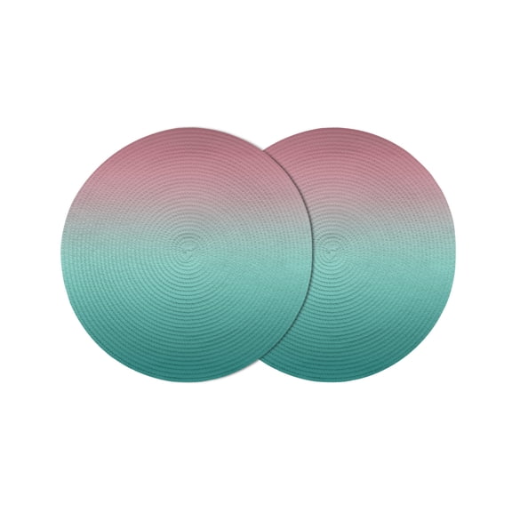 Ombre Green Pink Round Placemats Set of 2 for Dinning Tables, Heat-proof Braided Table Mats 13 Inch, Colorful Painting Washable Place Mat for Kitchen Restaurant Party Decor Supplies Table Setting