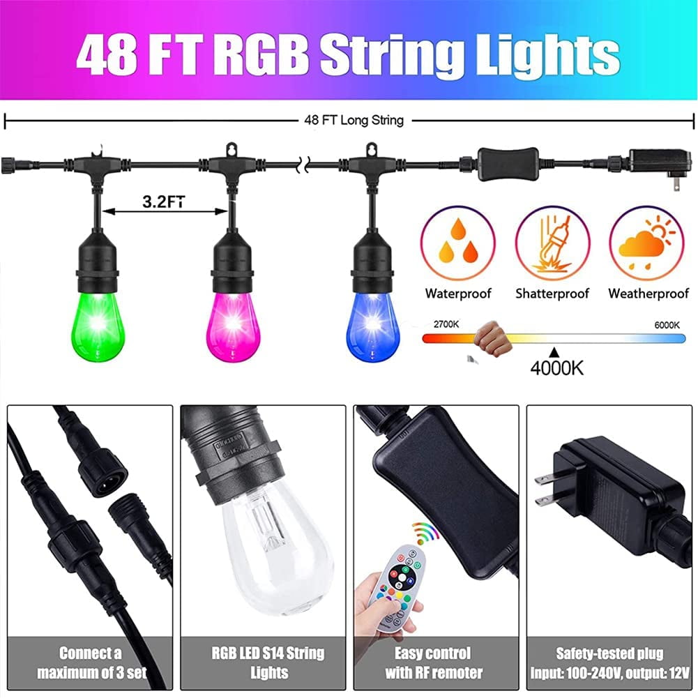 YI Lighting - 48ft Outdoor String Lights with 15pcs S14 RGBW Music-Synced Color Changing Bulbs Remote Control for Patio Yard Garden Party