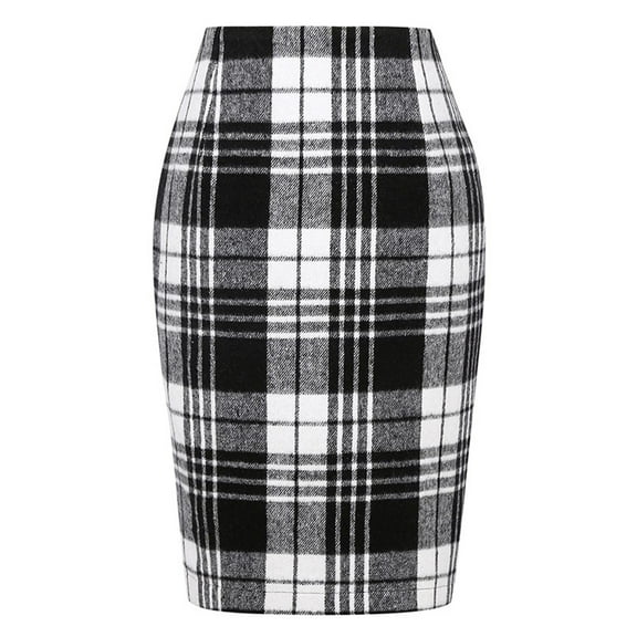 Nokdvo Plaid Skirt Women Fashion Christmas Holiday Pencil Skirt High Waisted Fall Winter Casual Bodycon Length Midi Skirt,Black L