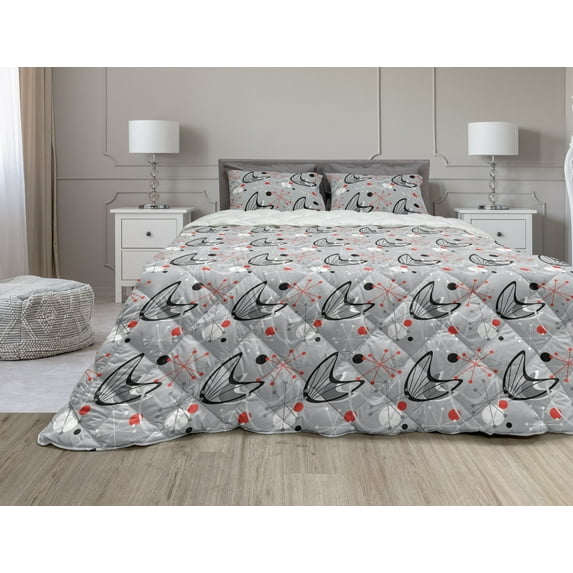 Mid Century Comforter & Sham Bedding Set, Scientific Inspirations in Fifties Art Design with Abstract Shapes, 3 pcs Duvet Set Microfiber Filling Quilt, 5 Sizes, Black Grey and Red, by Ambesonne