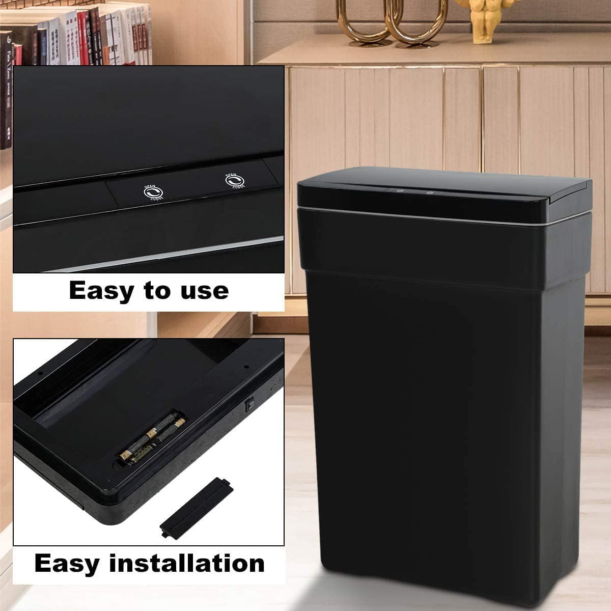 13 Gallon Automatic Trash Can High Capacity Plastic Garbage Can Trash Bin with Lid for Kitchen Living Room Office Bathroom, 50L Motion Sensor Automatic Trash Can, Black