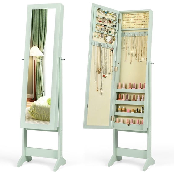 Resenkos Standing Jewelry Cabinet - Mirrored Storage Box, Compact Organizer, Bedroom Decor - Green