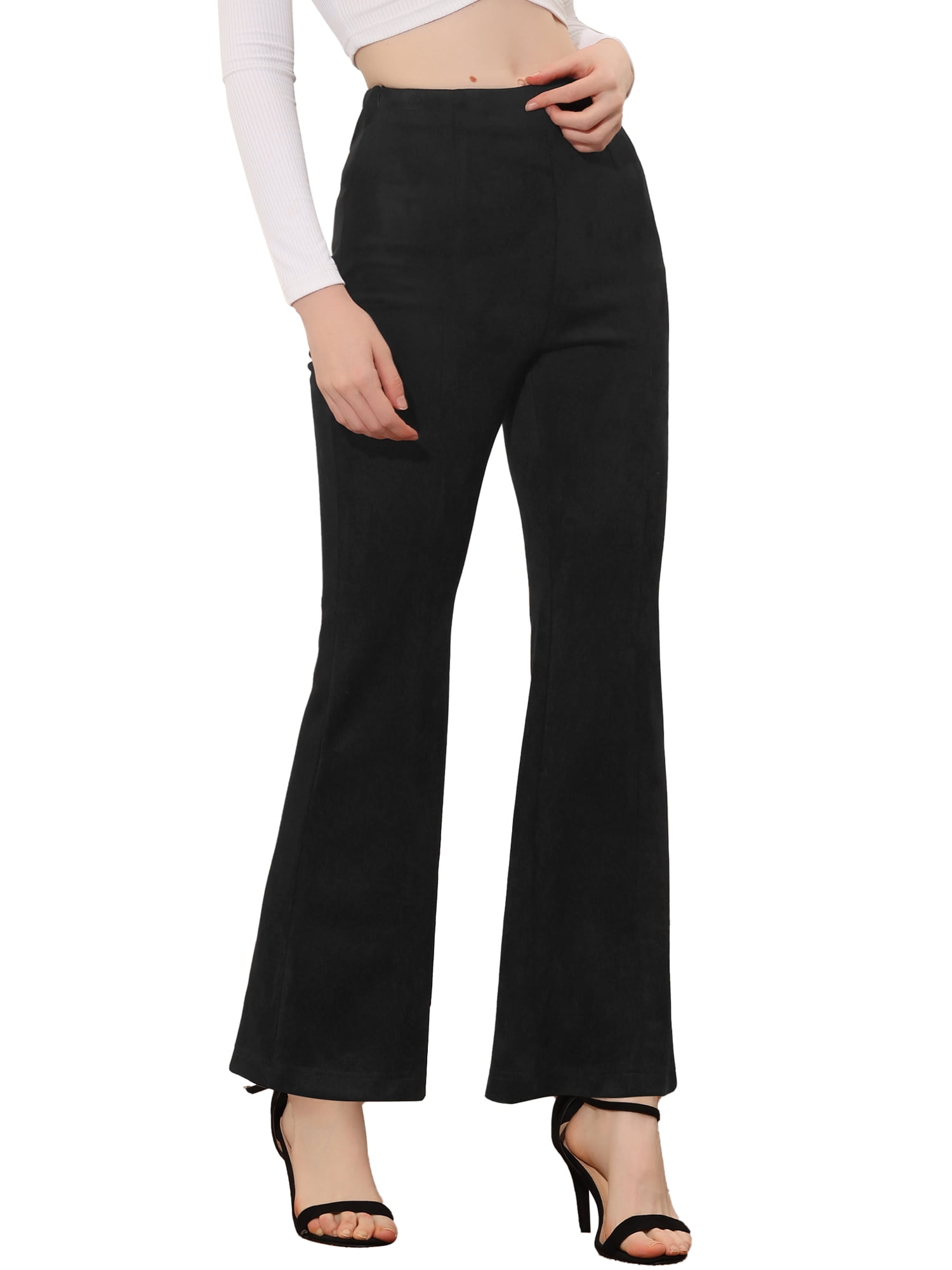 Unique Bargains Women's Flared Hidden Side Zipper Knitted Faux Suede Flared Pants L Black