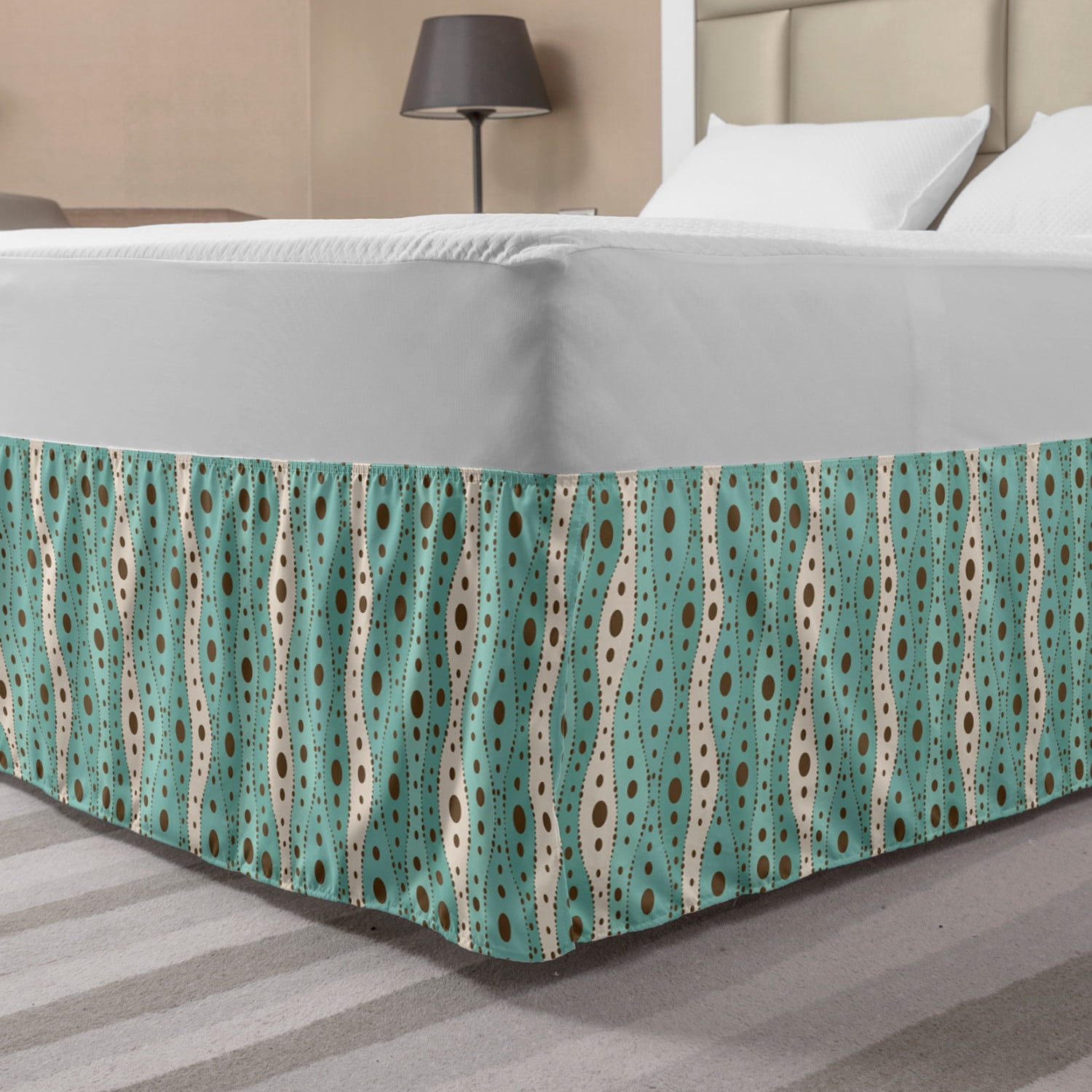 Turquoise Bed Skirt, Traditional Polka Dots Vertical Lines Abstract