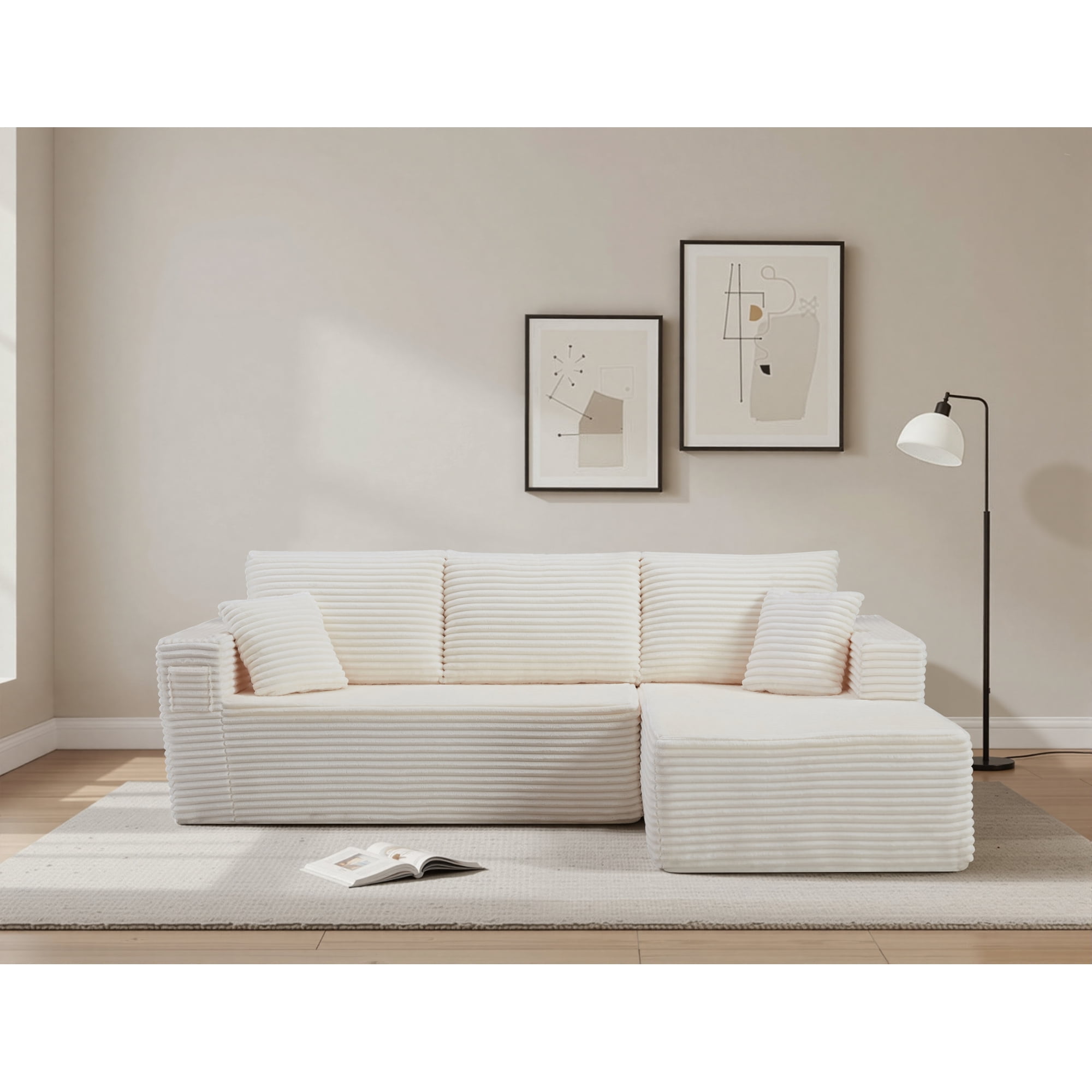 HOQBN 100.39" Cloud Sectional Couch with R-Shape Chaise,Modern Modular Sofa with Deep Seat,No Assembly Required,Compressed Packaging for Living Room Beige