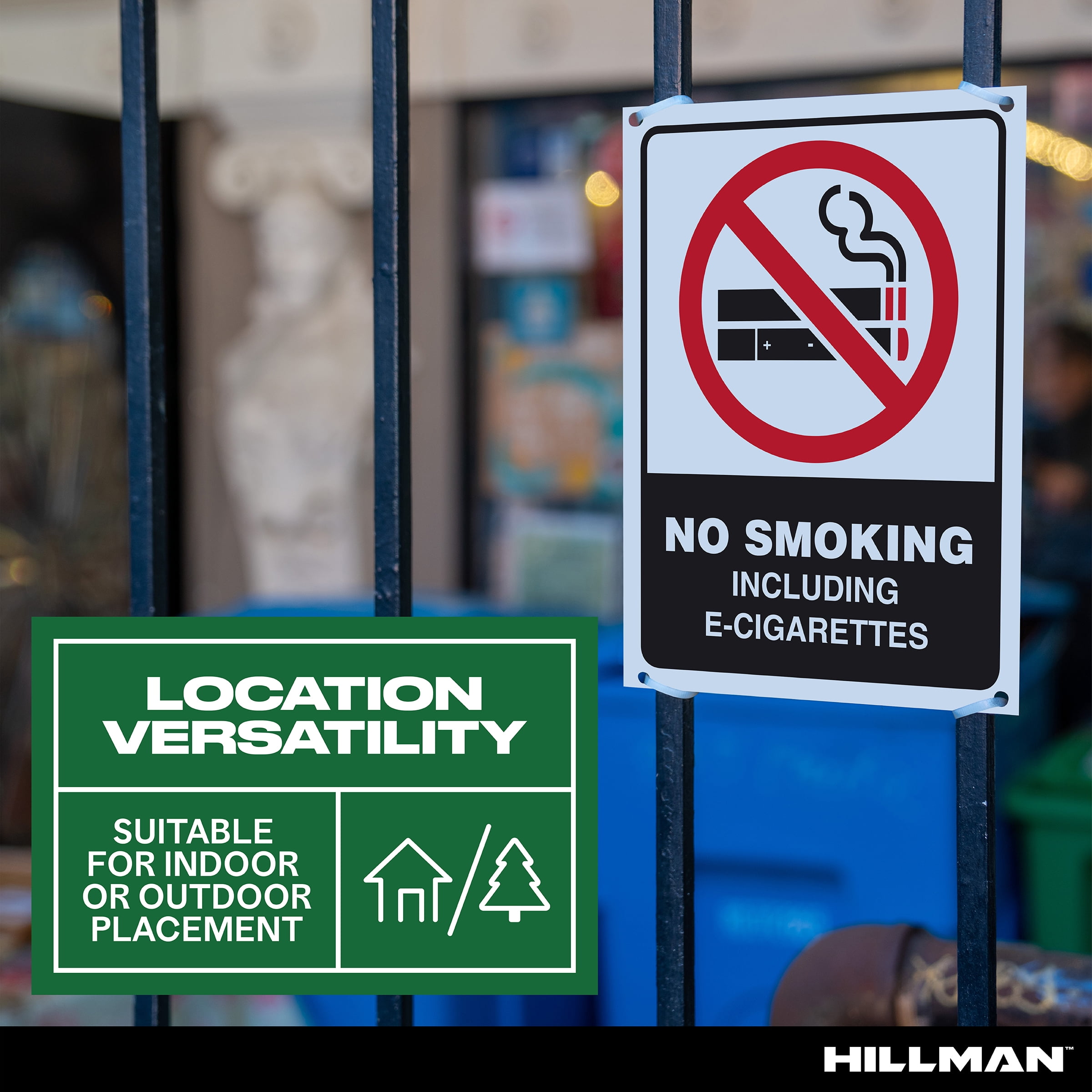 (3 pack) Hillman No Smoking or E-Cigs Sign with Symbol (4" x 6"), Vinyl, White, Black, and Red, 1 Sign