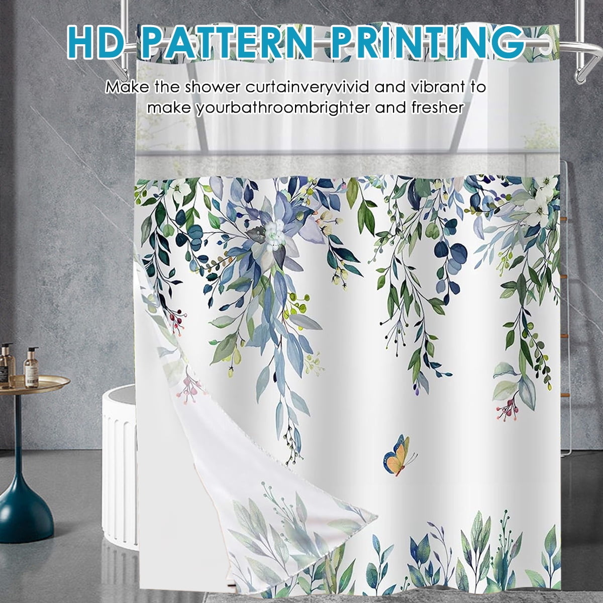 Dznils No Hook Shower Curtain with Snap-in Liner, Blue Eucalyptus Fabric Bathroom Curtain, 72" x 74"