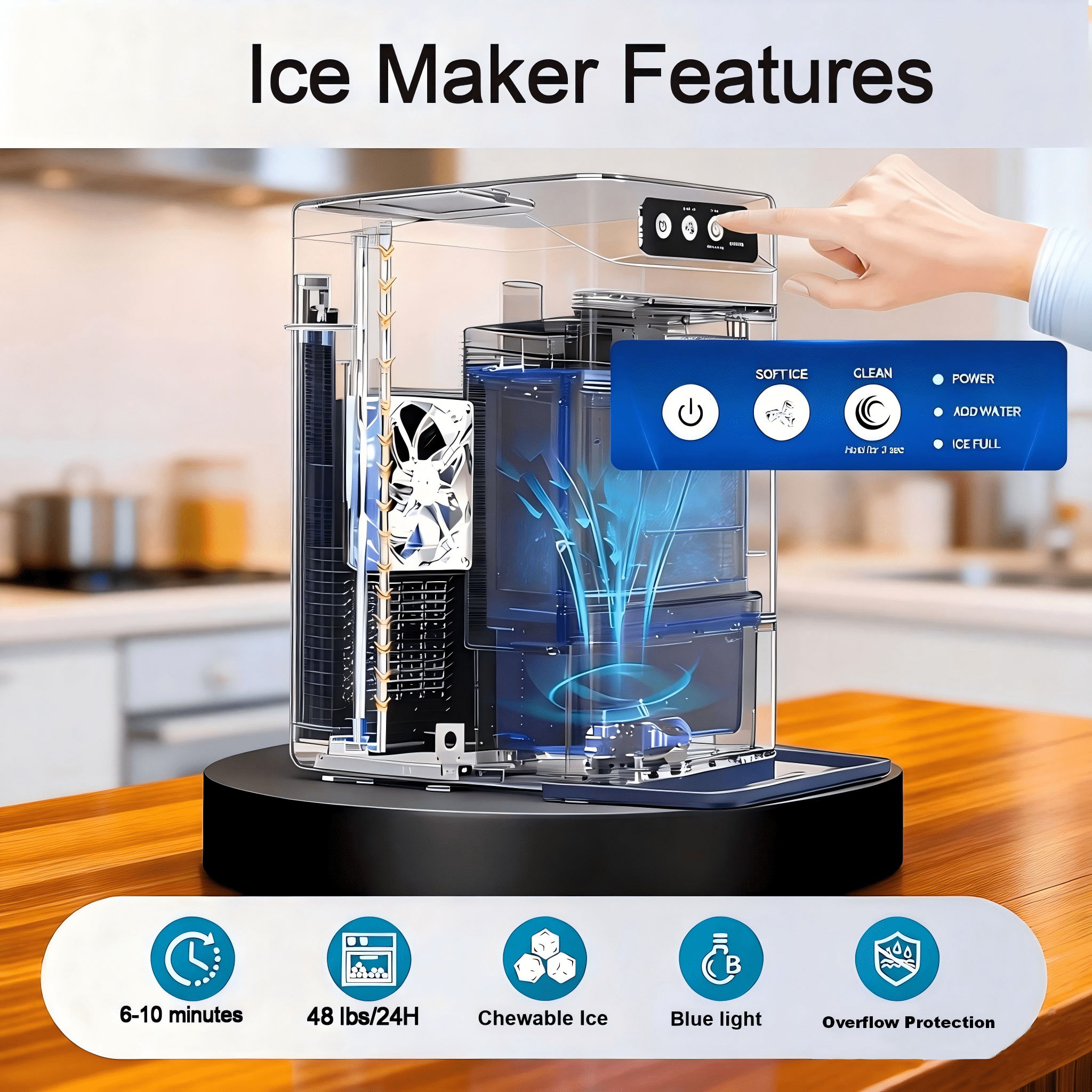 SHZOND Nugget Ice Maker Countertop with Self-Cleaning, 48lbs/24Hrs, 6-Min Quick Ice, Chewable & Crunchy Pellet Ice, 4.3L Dual-Tank for Home Kitchen Bar Countertop
