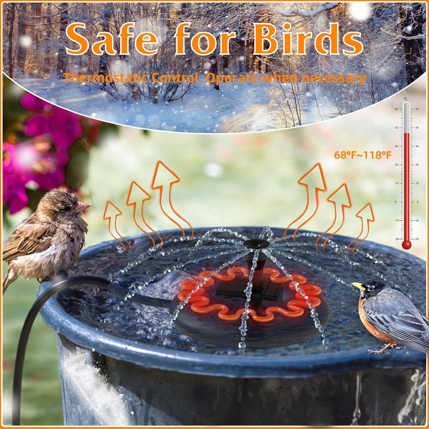 Bird Bath Heater for Outdoors with Water Pump, Deicer for Birdbaths with Thermostatically Controlled and 3.3ft Long Cord,Pond De-icer 70 Watts for Patio Yard Various Bird Baths