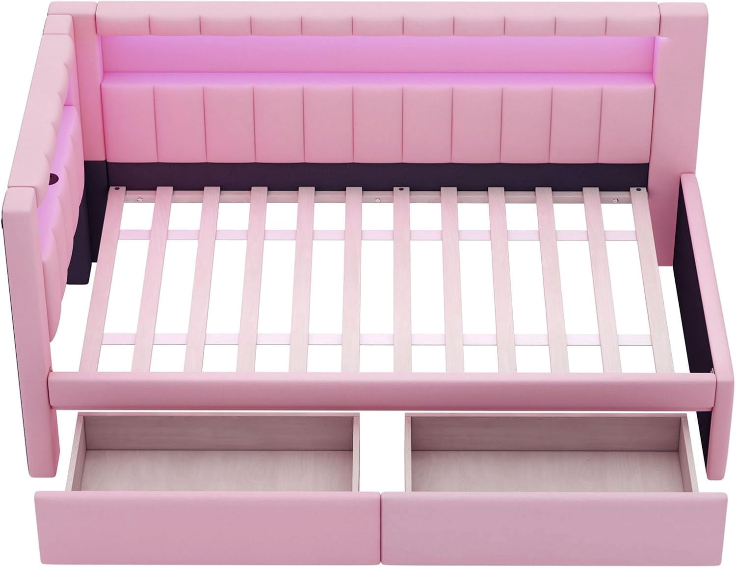 AISWORD Twin Size Daybed with Storage Drawers and L-Shaped Bookshelf Headboard, Upholstered Soft Corner Bed with Shelves, Charging Station and LED Belt, Pink