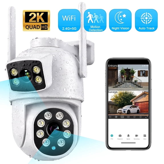 4K 8MP Dual Lens PTZ Security Camera Outdoor, Weatherproof WiFi Surveillance Camera with Night Vision, 2-Way Audio, 2.4G/5G WiFi, Plug-in, White