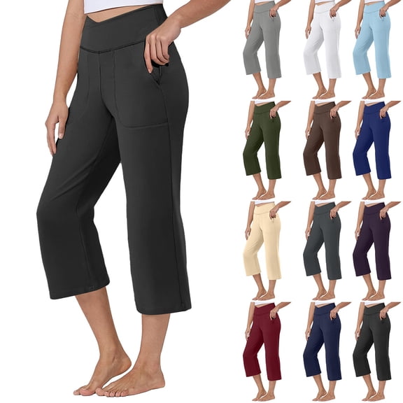 HAJWOH Yoga Capri Pants for Women with Pockets Summer Work Dress High Waisted Stretch Elastic Waist Wide Leg Leggings