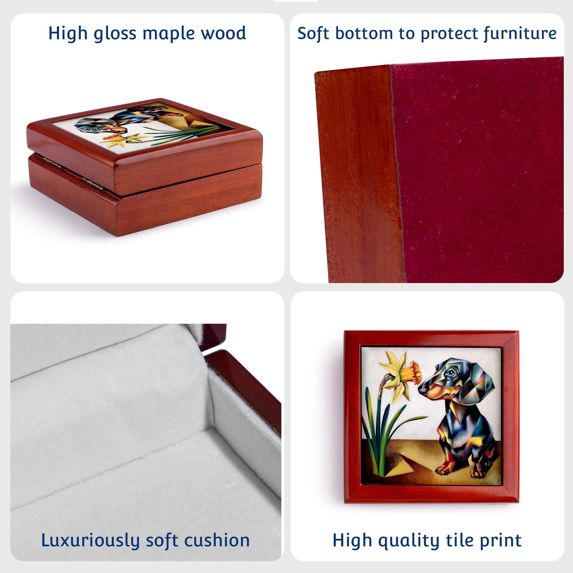3dRose, Funny Cute Dachshund Puppy Dog and Daffodil Flower Cubism Abstract, Jewelry Box 5.5x5.5 inch with 4 inch tile