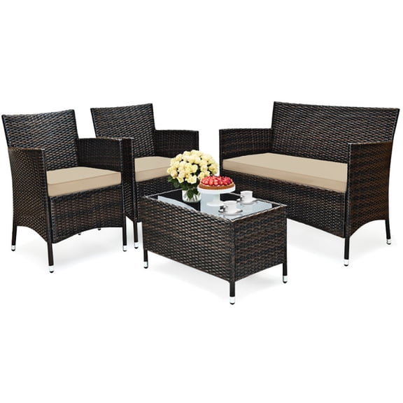 YYAo Outdoor Indoor Use Backyard Porch Garden Poolside Balcony Sets Light Brown 4 Pieces Furniture