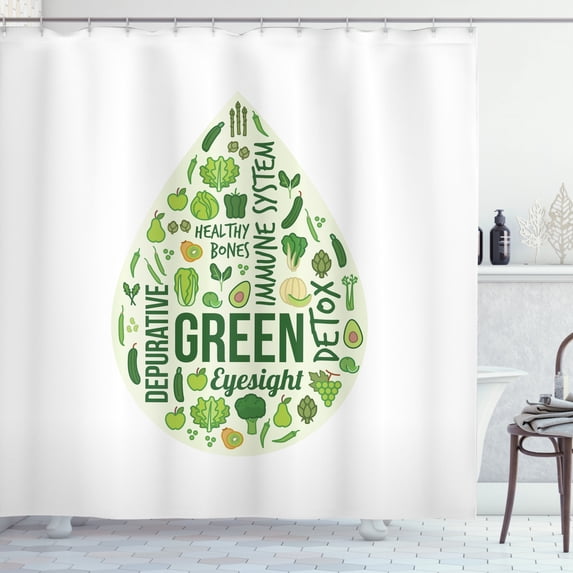 Avocado Shower Curtain, Teardrop Shape Image for Healthy Nutrition and Benefits of Green Plants, Fabric Bathroom Set with Hooks, 69W X 84L Inches Extra Long, Emerald Pale Green, by Ambesonne