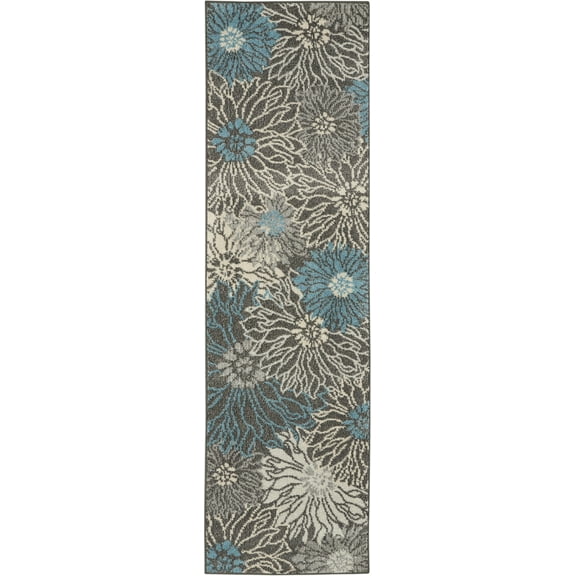2â€™ x 8â€™ Charcoal and Blue Big Flower Runner Rug