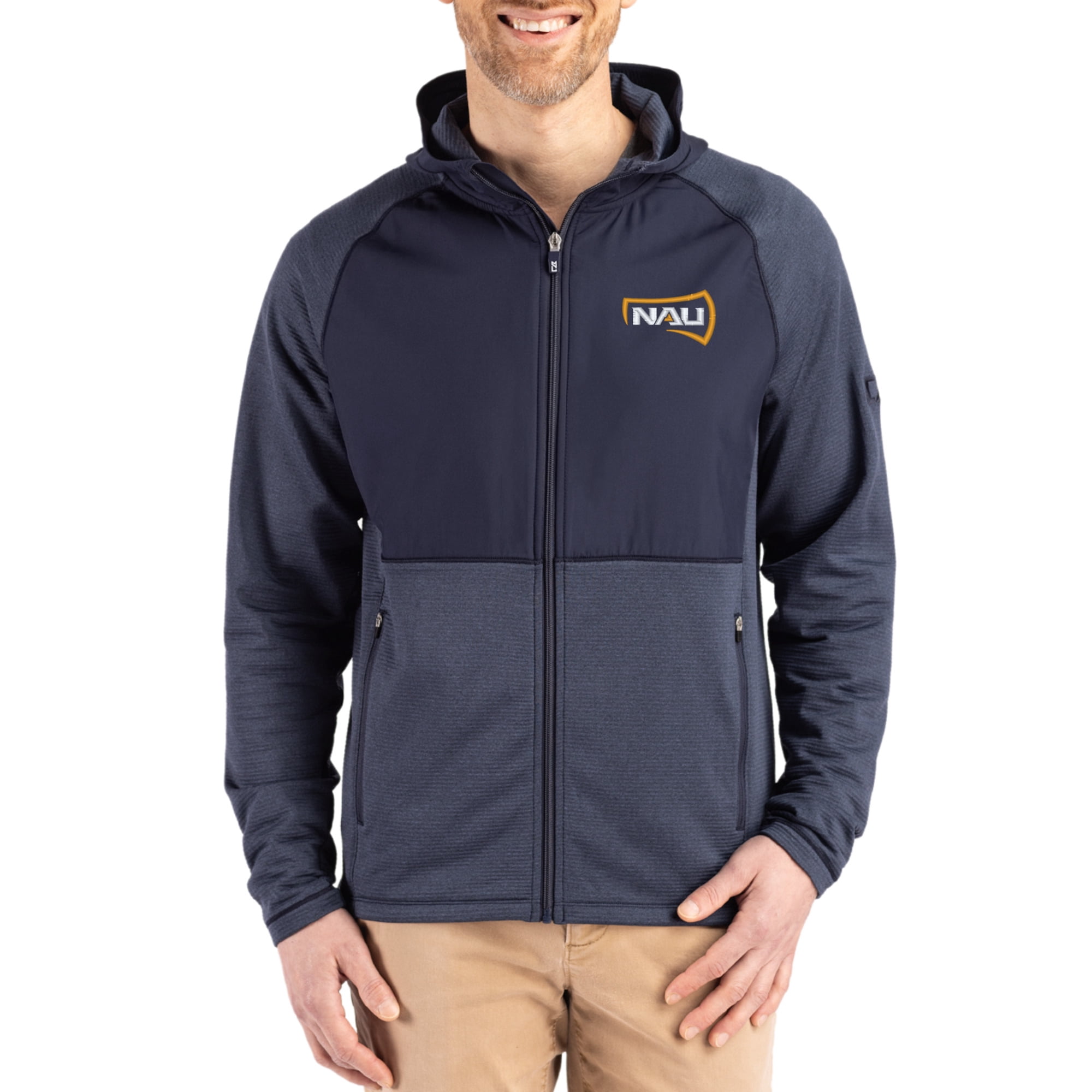 Men's Cutter & Buck Heather Navy Northern Arizona Lumberjacks Peshastin Eco Fleece Recycled Raglan Full-Zip Tri-Blend