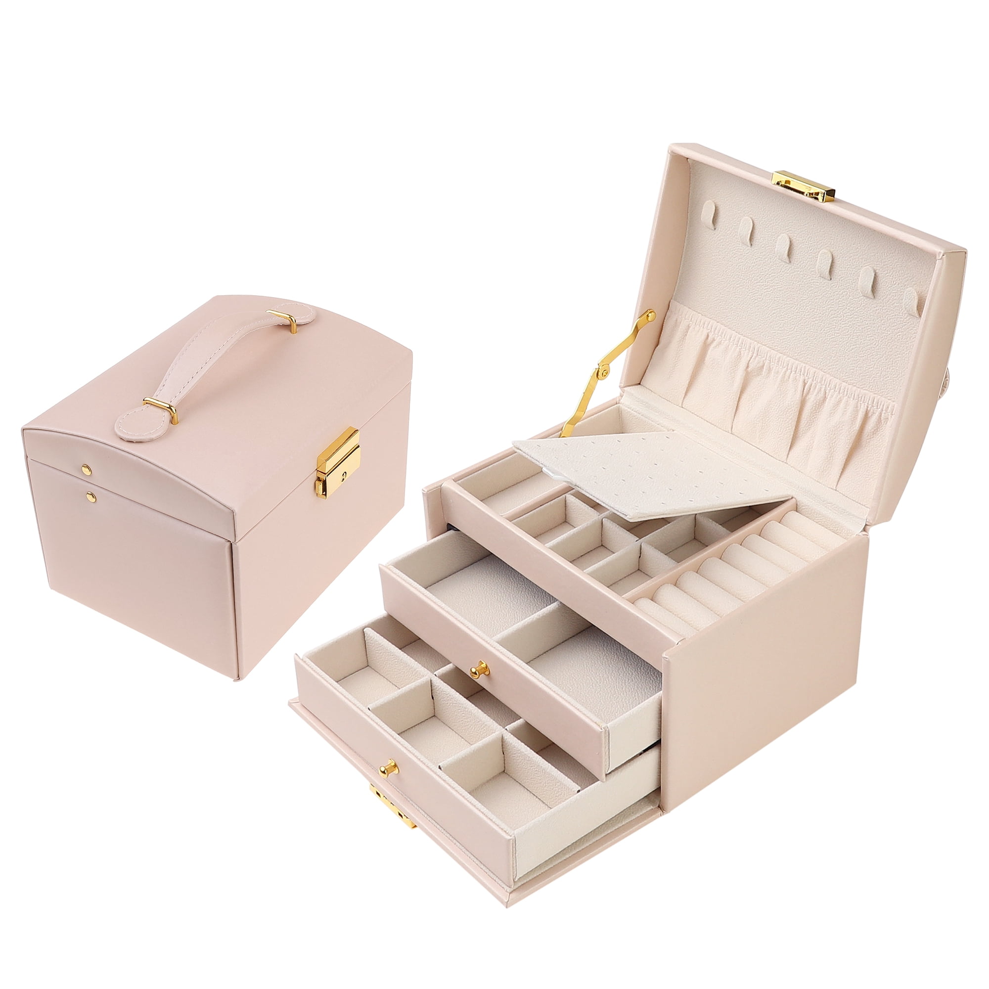 Unique Bargains 3 Layer Jewelry Box PU Leather Jewelry Organizer Case with Drawer Pink