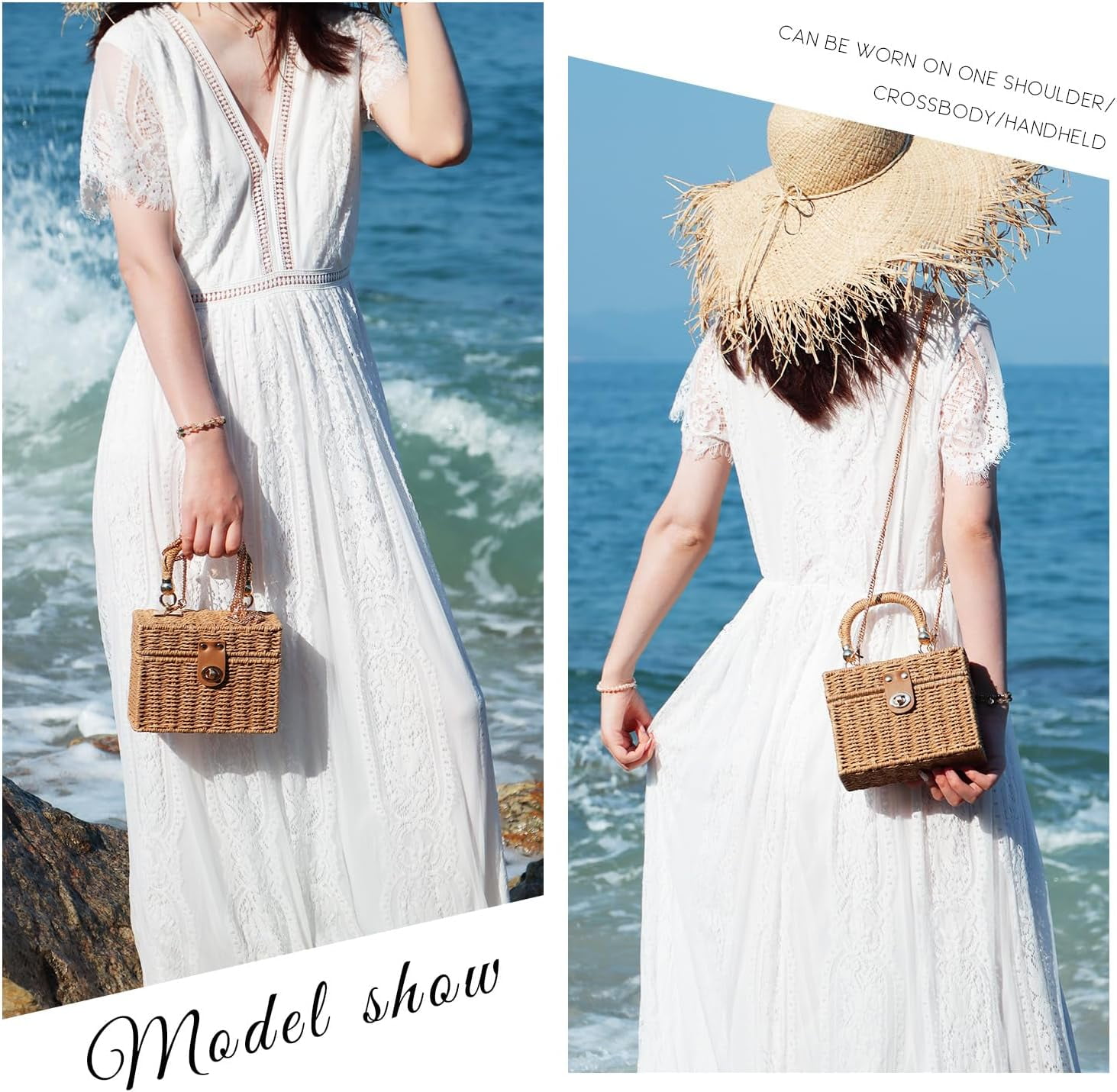 Handwoven Rattan Bag for Women Woven Straw Square Crossbody Bag Vintage Basket Purse Beach Tote Bag
