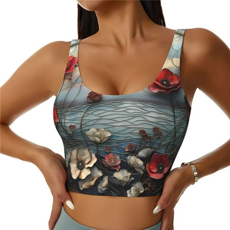 Sports Bras for Women - Stained Glass Red Flower Seamless Yoga Bra Workout Crop Top with Removable Pads