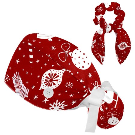 

Working Cap with Buttons and Sweatband Scrub Hat Bouffant Caps with Scrunchie Christmas Tie Back Hats
