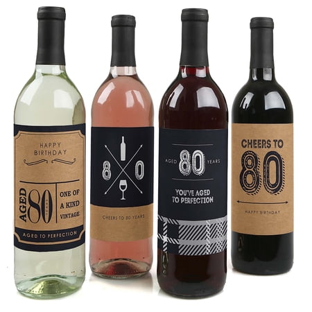 Big Dot of Happiness 80th Milestone Birthday – Gift For Men – Wine Bottle Label Stickers – Set of 4
