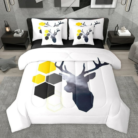 Homewish Safari Moose Deer 7-Piece Twin Bedding Sets,Modern Hockeycomb Hexagon Bedding Comforter Set,Gray White Black Sheet Sets For Girl Kids,Super Cozy Room Decor Reversible