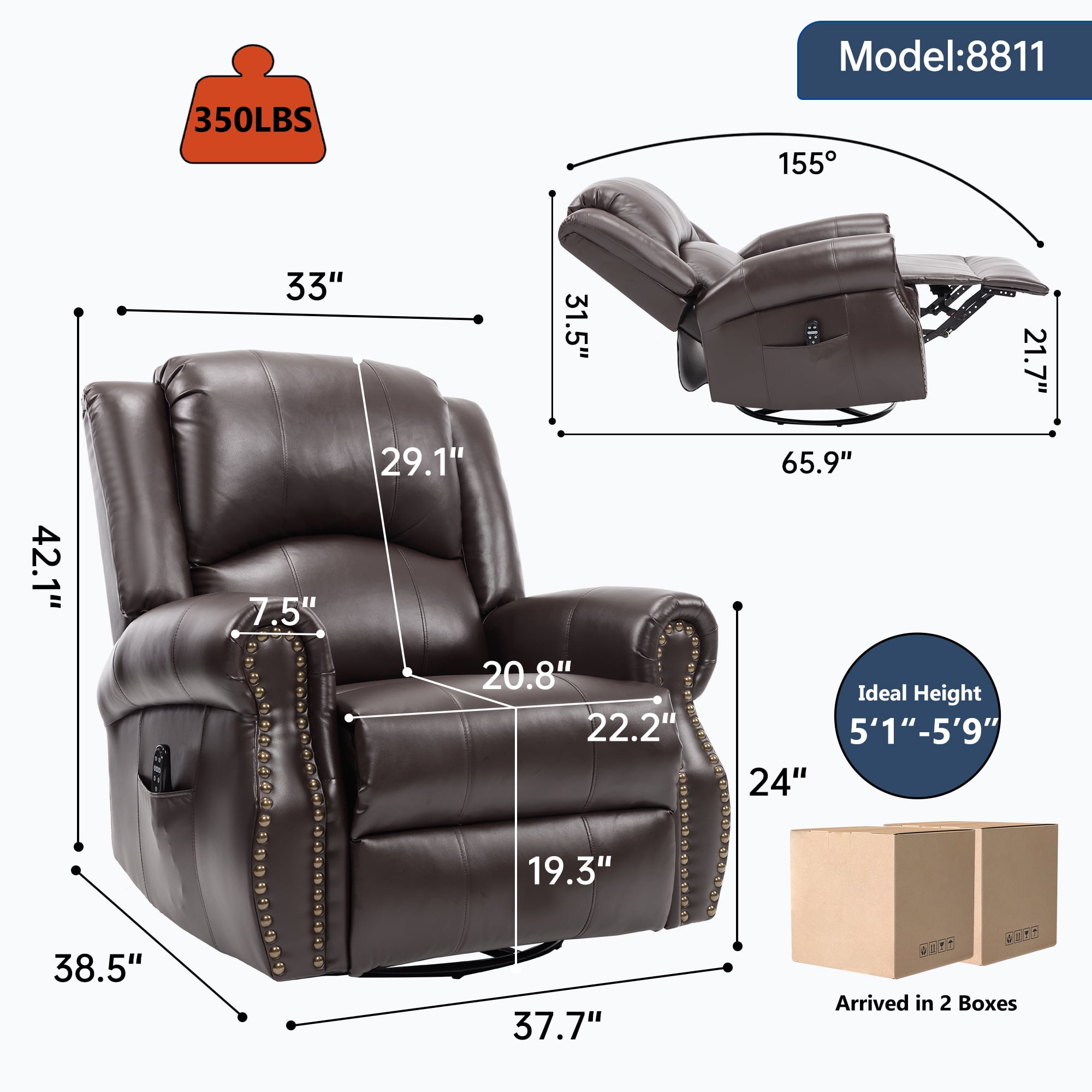 Leumius Oversized Swivel Recliner Chair for Adults,Swivel Rocker Recliner with Vibration Massage and Lumbar Heating for Living Room,Rivet Design,Brown