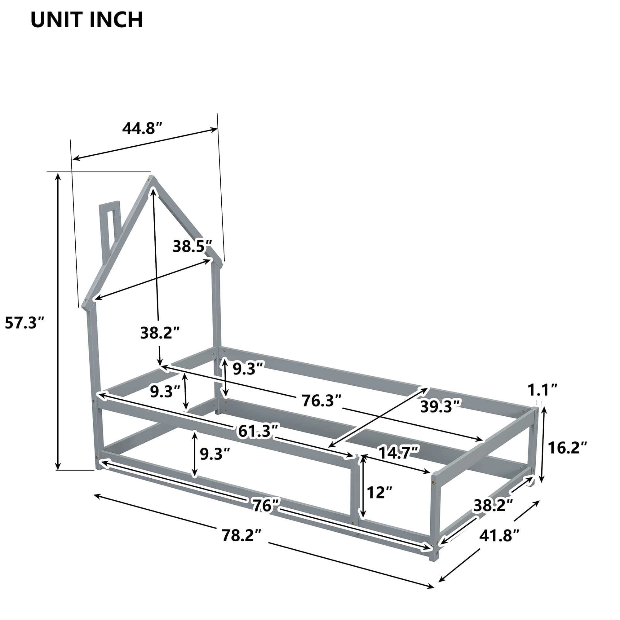 MAYEERTY Twin Size Wood Bed Frame with House-Shaped Headboard with Fences for Adult, Grey