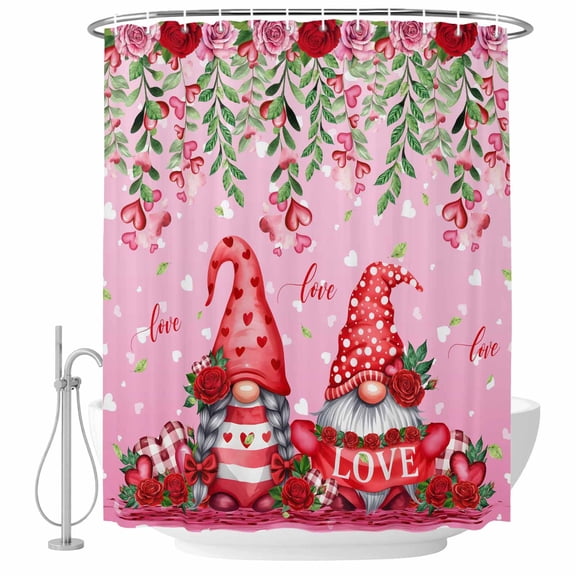 Polyester Fabric Red Gnomes Shower Curtain, Valentine's Day Love Roses Leaves Ombre Pink Waterproof Bathtub Curtain Bathroom Decor Set with Hooks 66 x 72 Inches