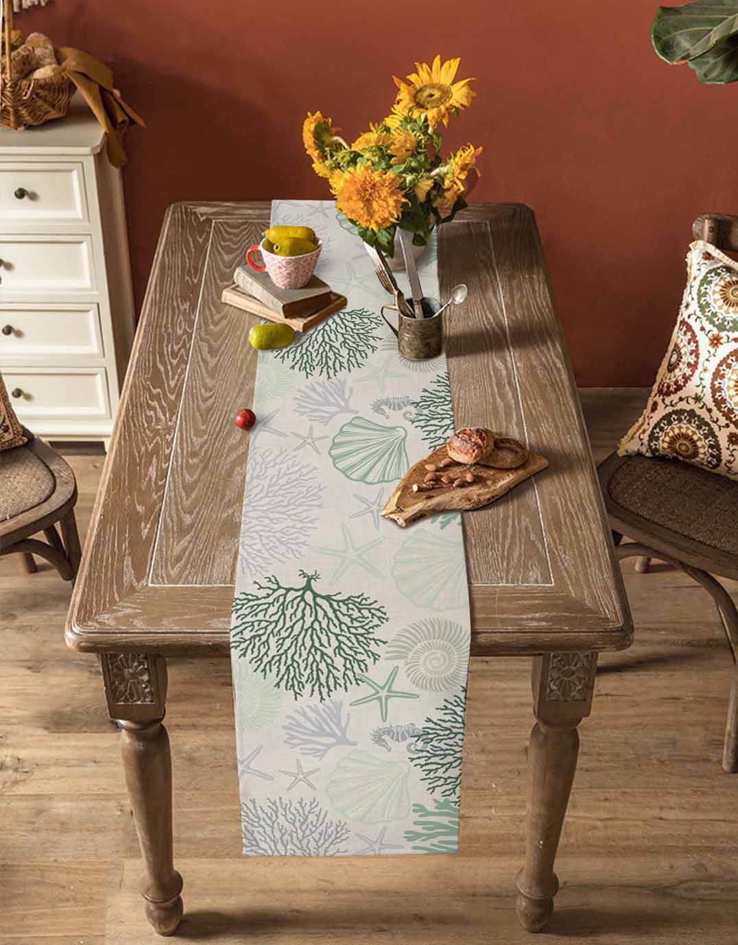 Sage Green Ocean Table Runner 108 Inches, Coastal Grey Coral Starfish Shell Bed Runner Dresser Scarves Tabletop for Indoor Outdoor Parties/Ceremony/Banquet, 13"x 108"
