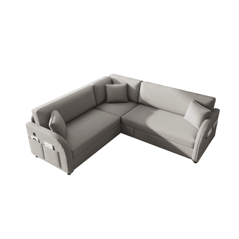 85.1" L-Shaped Sleeper Sofa with Pull Out Bed, Convertible Sectional Sofa Couch with USB Charging Port & Side Pocket, Sherpa Fleece Upholstered Sofa Bed, Oversized 5-Seat Sofa for Living Room