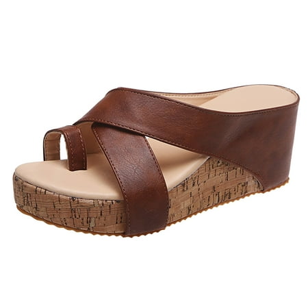 

nsendm Wedge Shoes for Women Open Toe Tan Open Solid Women Casual Sandals Beach Wedges Wedges Sandals for Women Brown 6.5