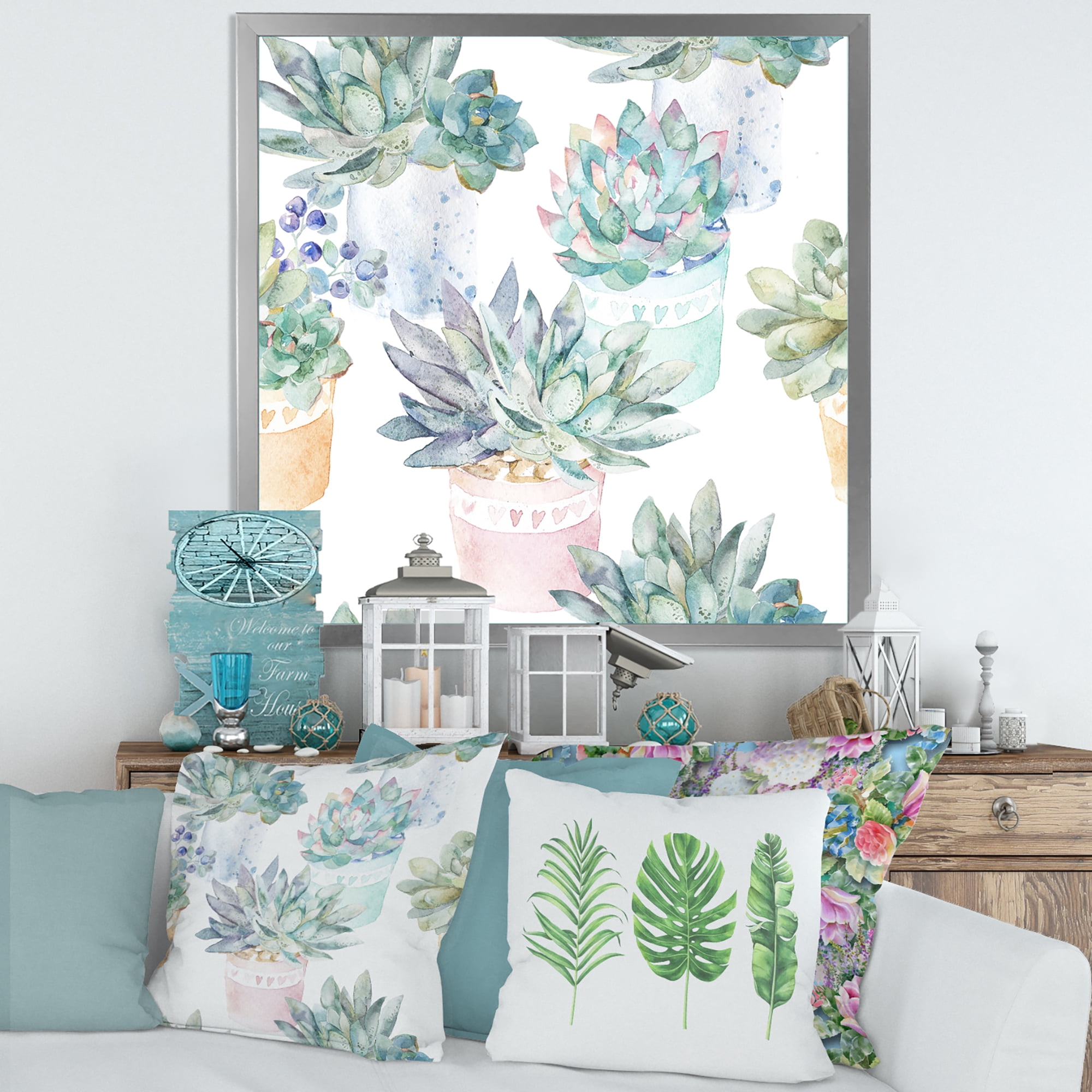 Designart 'Pastel Toned Succulent Housplants in Flowerpots' Traditional Framed Art Print